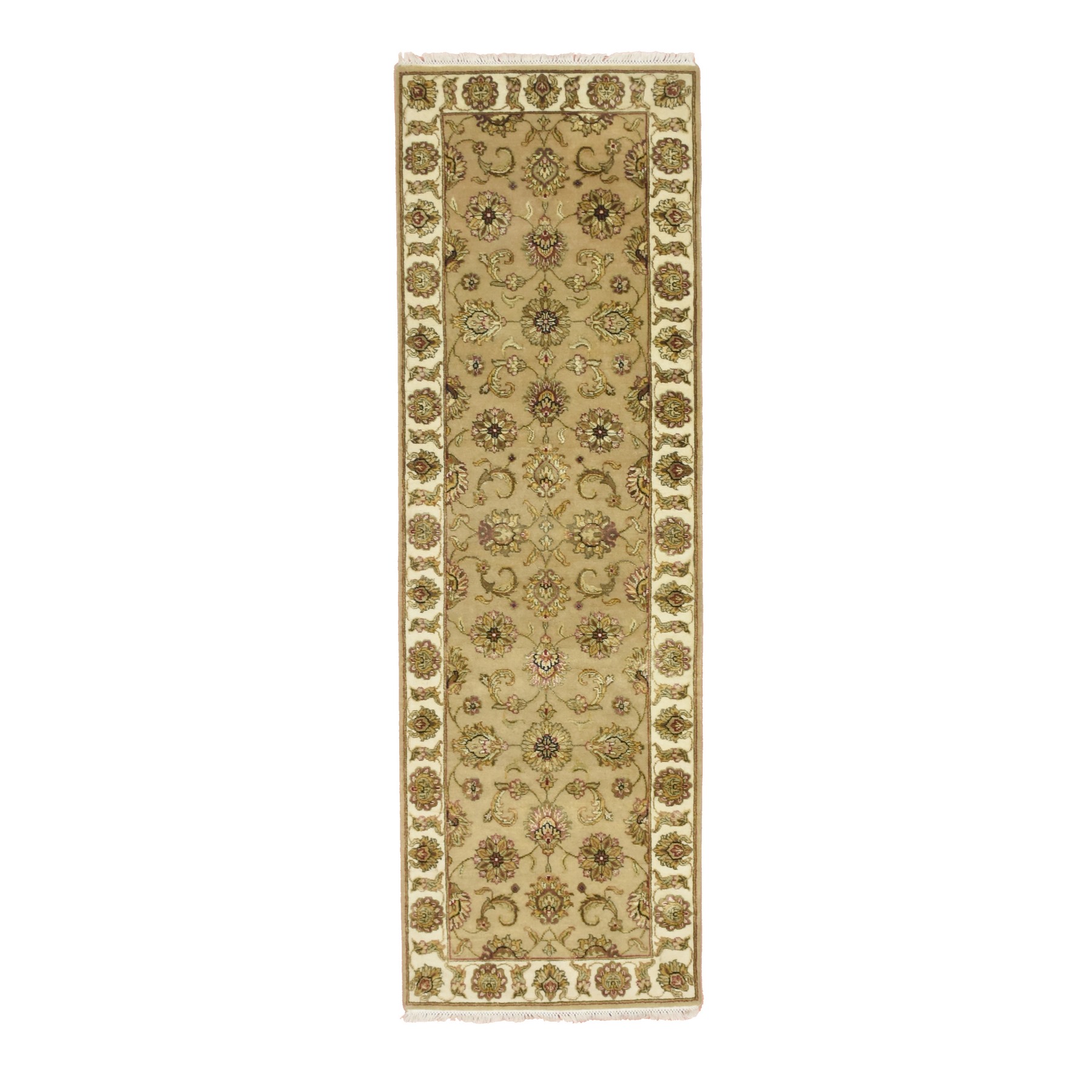 Ecru Brown, Rajasthan with All Over Leaf Design, Hand Knotted, Wool and Silk, Densely Woven, Thick and Plush, Runner, Oriental Rug